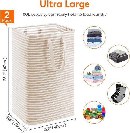 Lifewit Laundry Basket - 80L Collapsible Hamper with Reinforced Handles | Waterproof Design in Beige (2 Pack)