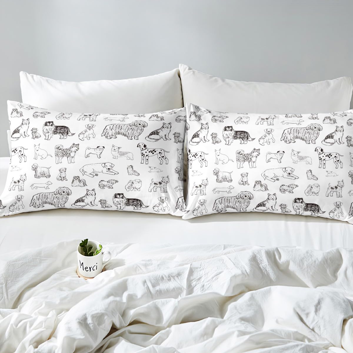 Cartoon Dog Fitted Sheet Queen Size Black White Dog Puppy Sketch Bedding Set 3Pcs for Kids Girls Boys Adult Room Decor Cute Pet Animals Bed Sheet Soft Lightweight Deep Pocket Sheet,2 Pillowcase