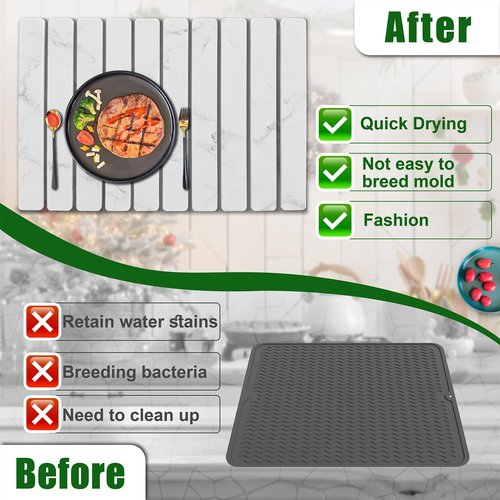 Large Stone Dish Drying Mat for Kitchen Counter, 24"×16" Quick Dry Collapsible Diatomaceous Earth Mat – Super Absorbent Foldable Drying Pad for Dishes (Marble White, 23.2" x 15.4")