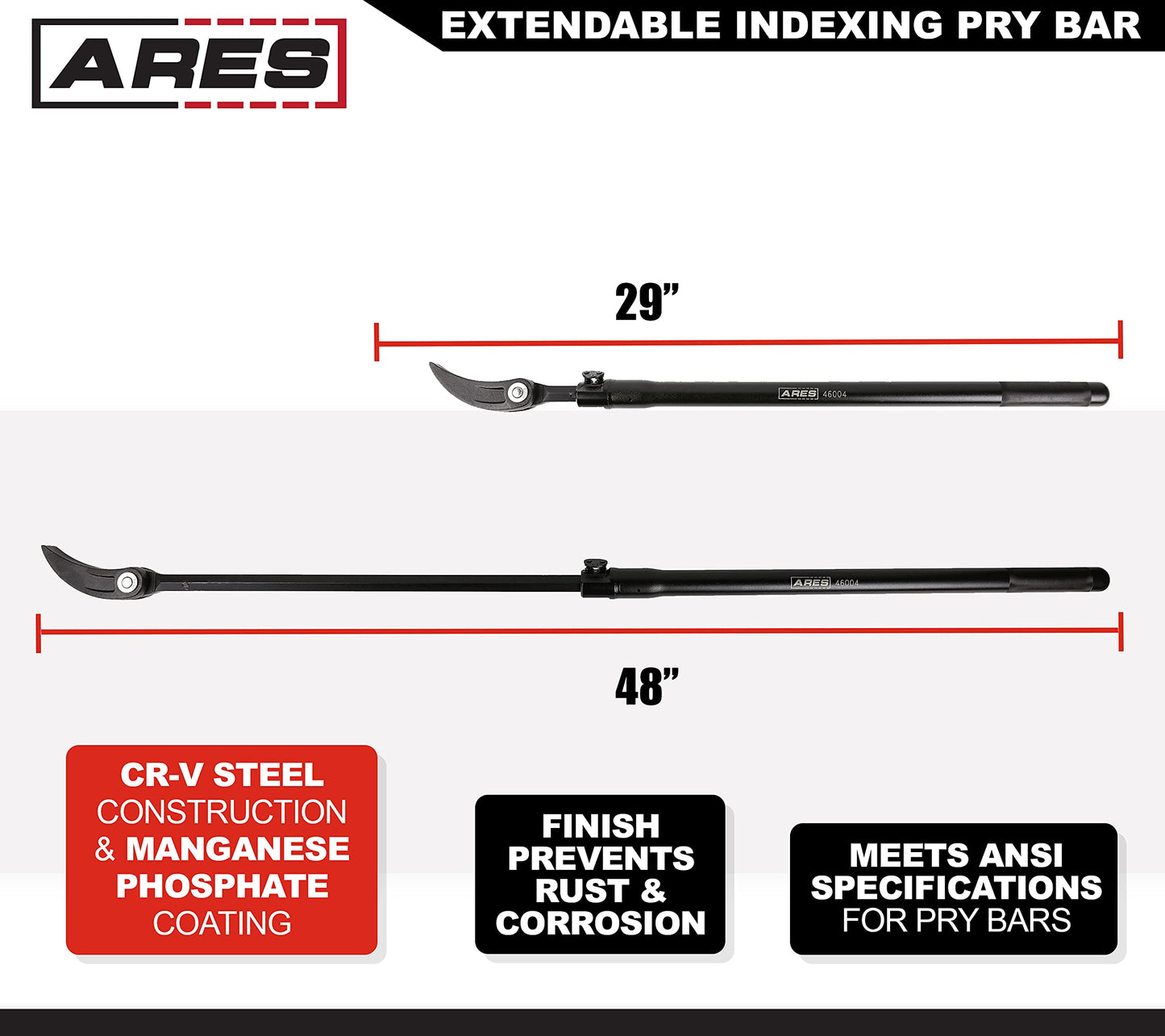 ARES 46004-29-48-Inch Extendable Indexing Pry Bar - Telescoping Heavy Duty Pry Bar - 14-Position 180° Rotating Head, Grooved Tip, Chrome Vanadium Steel for Mechanics, Heavy Equipment