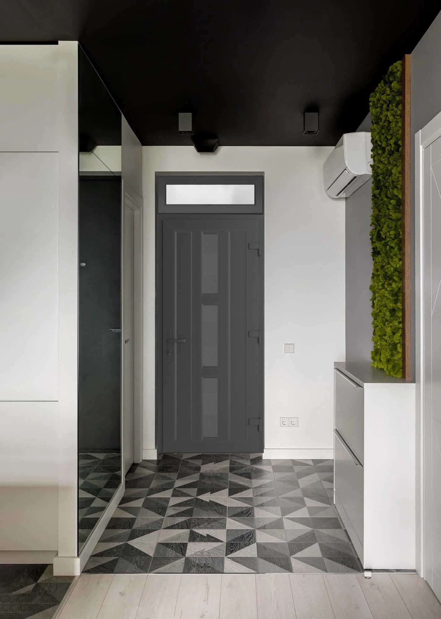 VDOMDOORS Front Exterior Prehung Metal-Plastic Door Frosted Glass | Manux 8112 Antracite Grey | Top Sidelite Transom | Residential Doors Entrance Patio Garage 36 x 94 (W36 x H80+14) Left-Inswing
