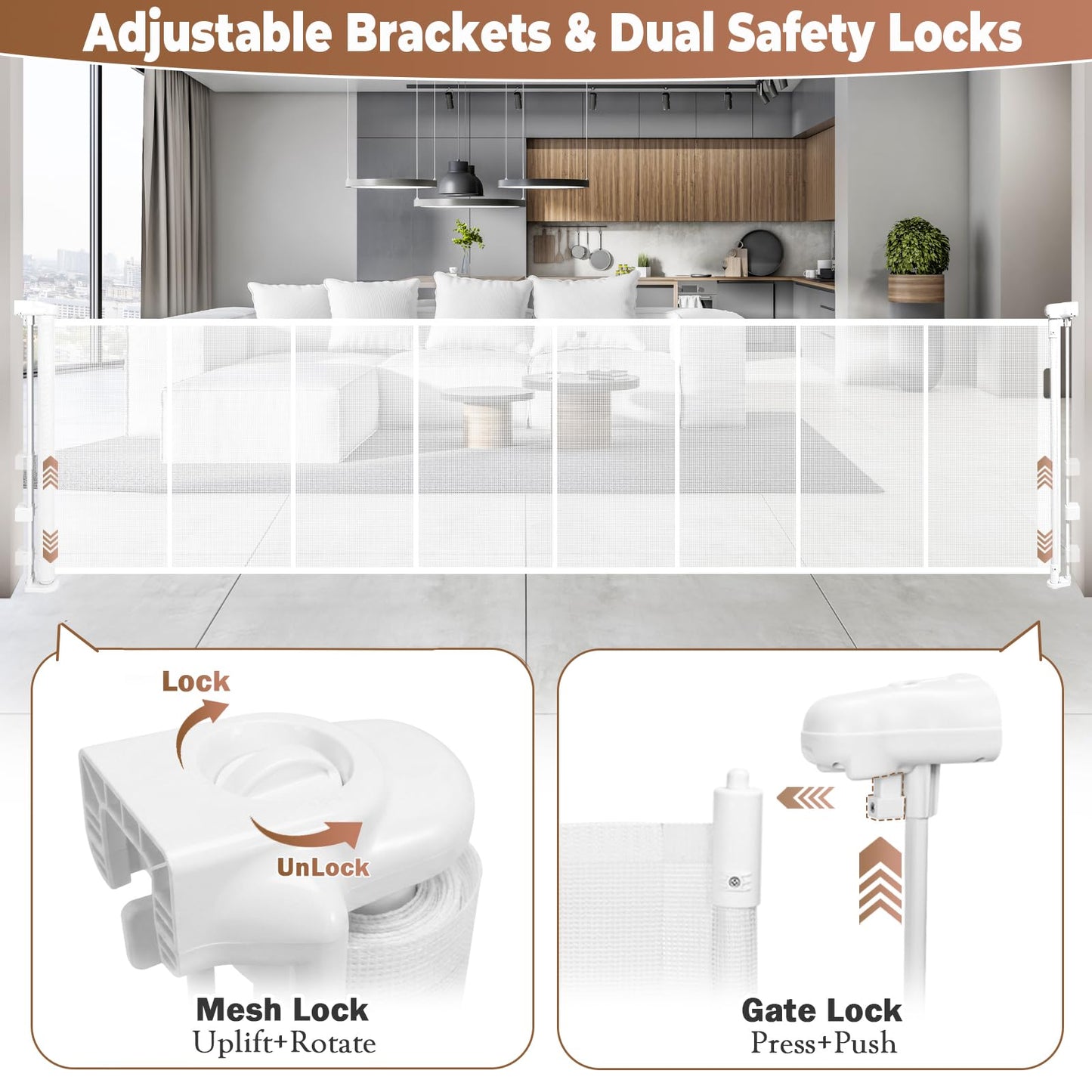 236" Retractable Baby Gate Extra Wide, 41" Tall Retractable Dog Gate for Stairs, Doorways, Decks, Mesh Gate Long Child Gate Pet Gate for Indoor, Outdoor, with Reinforced Mesh Rods, Dual Locks