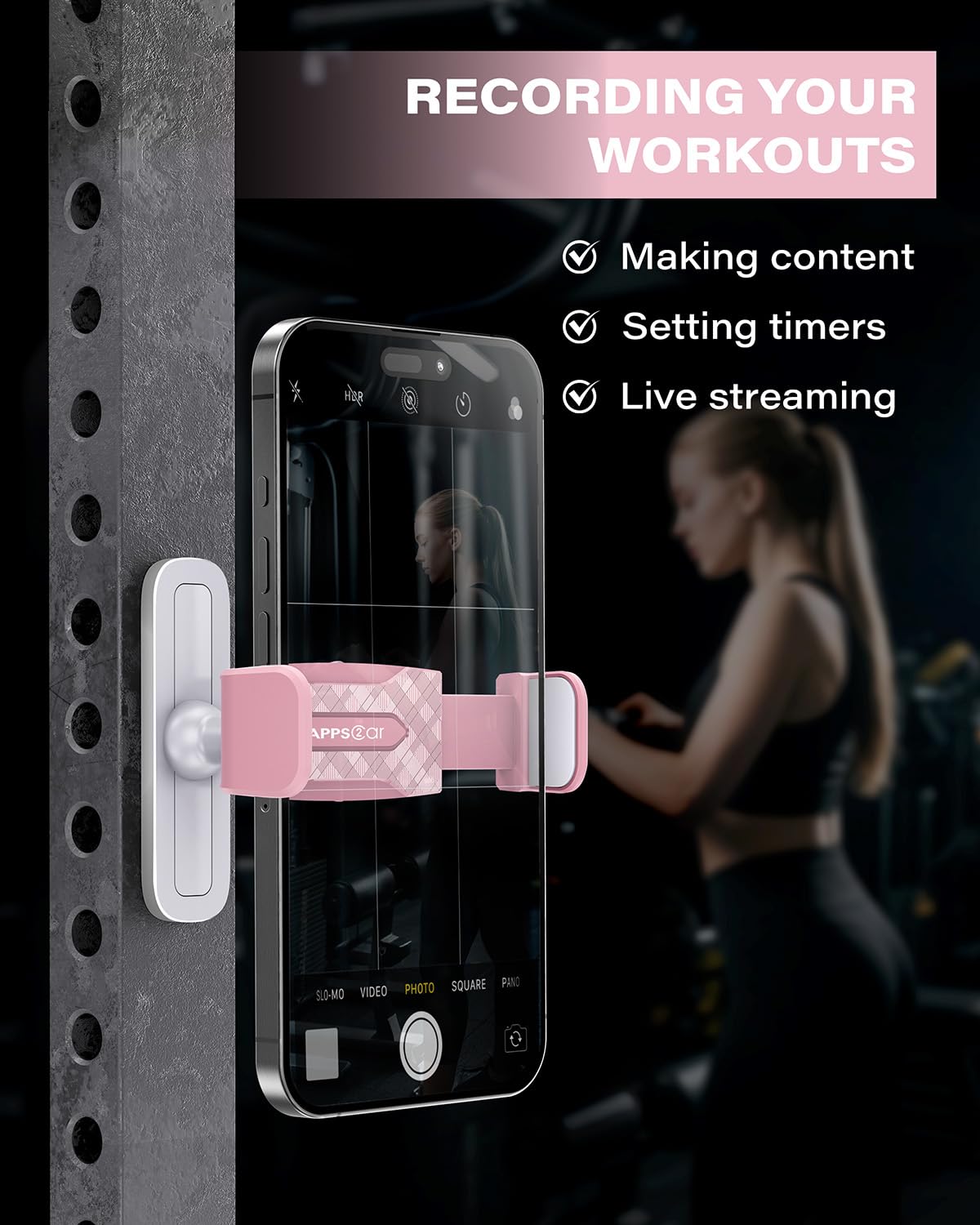 APPS2Car Gym Magnetic Phone Holder, 360 Adjustable, Compatible with 4.7-6.5" Smartphones, Alloy Base and Joint, Gym Accessories for Women, Pink