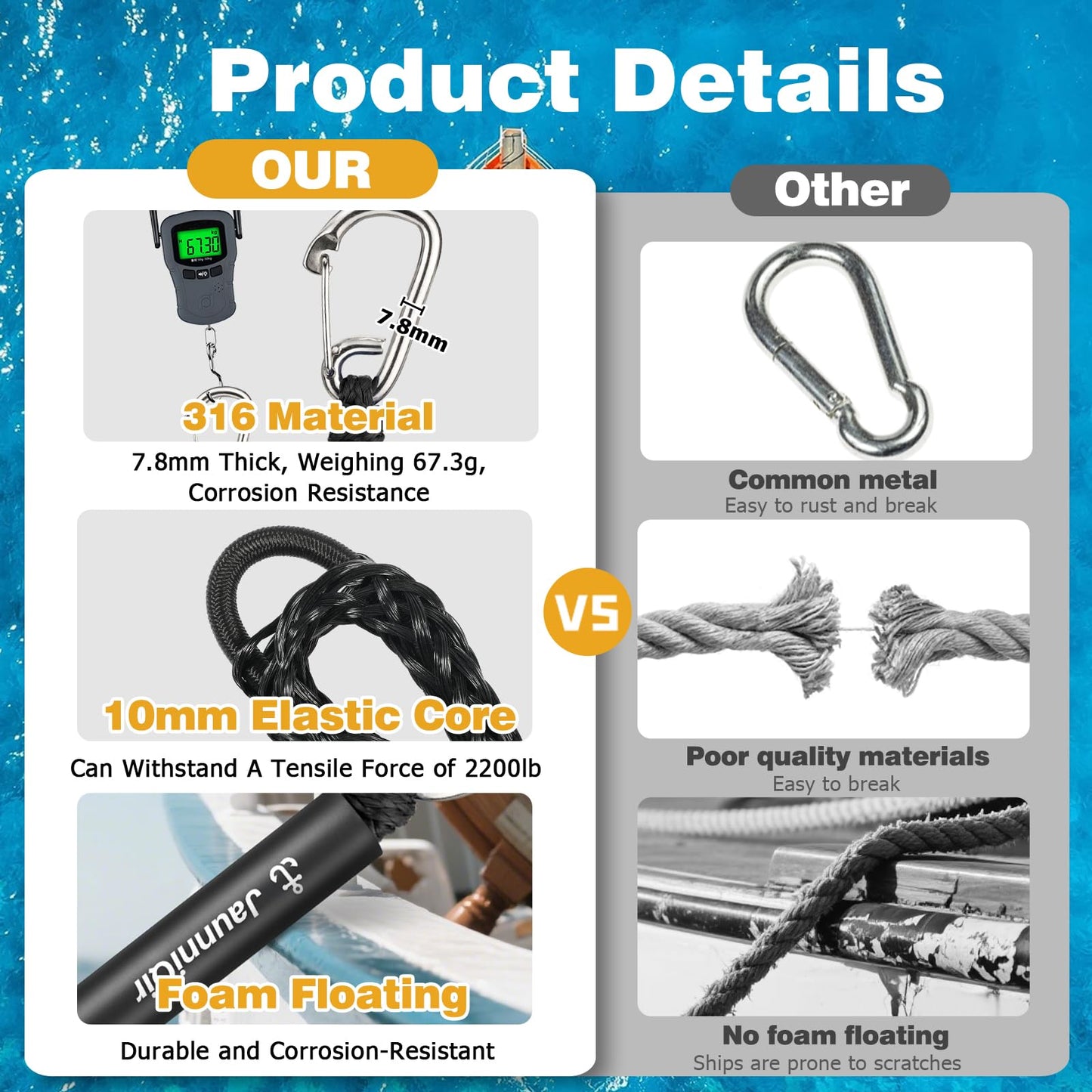 JaunniQir Bungee Dock Lines for Boats 7.2 Feet, 2 Pack Dock Lines with 316 Stainless Clips for PWC, Jet Ski, Kayak, Watercraft, Pontoon, Shock Absorbing Tie Off Downs Boat Mooring Ropes Accessories