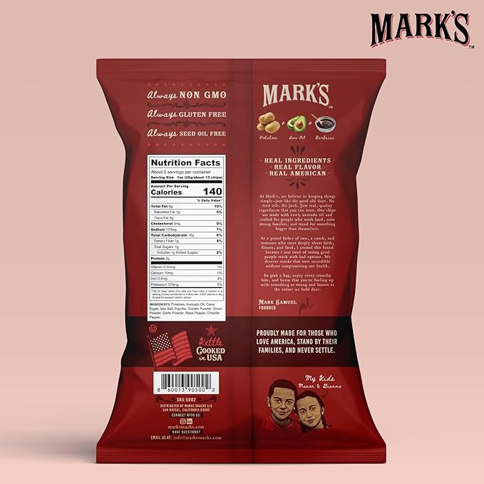 MARK’S Kettle Cooked Avocado Oil Potato Chips, BBQ – Seed Oil & GMO Free | Barbecue, 5 oz (Pack of 3) | Gluten Free, Non-GMO, Chips for Clean & Healthy Snacking