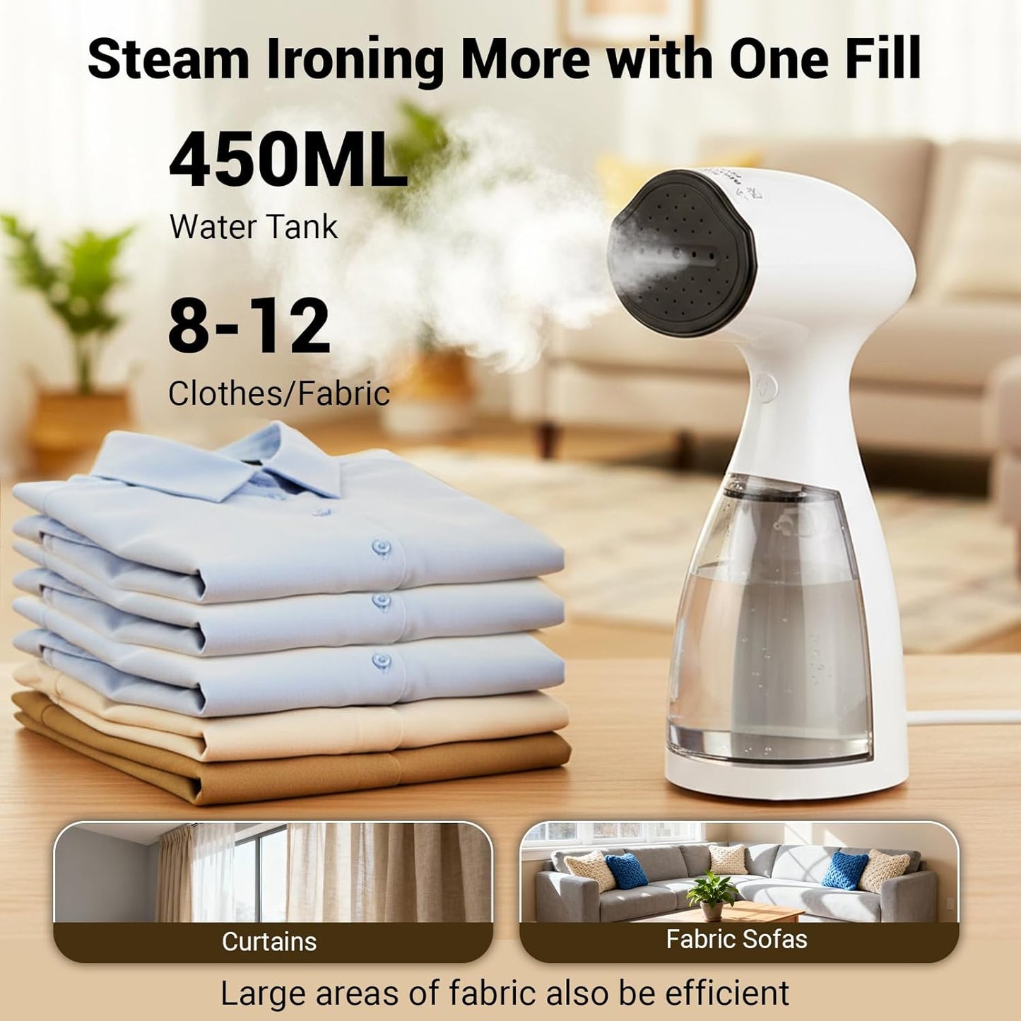 Skiennix Handheld Clothes Steamer - Fast Wrinkle Removal, 450ml Tank, 10ft Cord, 1000W, White