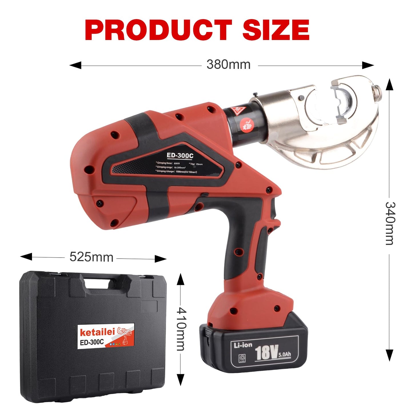 ketailei 6 Ton Electric Hydraulic Crimper, Easy-Open Design for Quick Operation, 65KN Force & Dual 18V/5Ah Batteries, 12 American Standard Dies (6AWG-600MCM)（ED-300C）