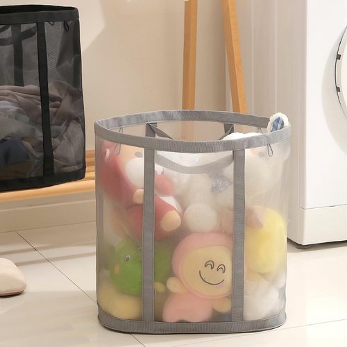 Mesh Bag with Handles, Collapsible Laundry Basket, Foldable Laundry Bag, Breathable Folding Beach Bag,Space-saving Travel Tote Bags (1, Grey)