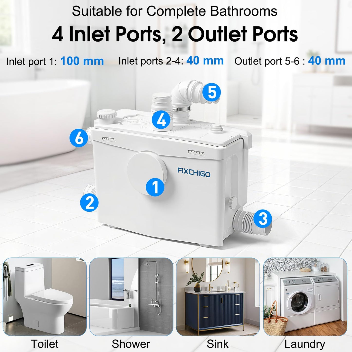 FIXCHIGO 1000W Macerator Pump, Macerating Toilet System with 4 Inlets/2 Outlets, 40 GPM Flow, 29.5 FT Head, PCB Smart Control Sewage Pump for Basement, Sink, Toilet, Laundry, Kitchen