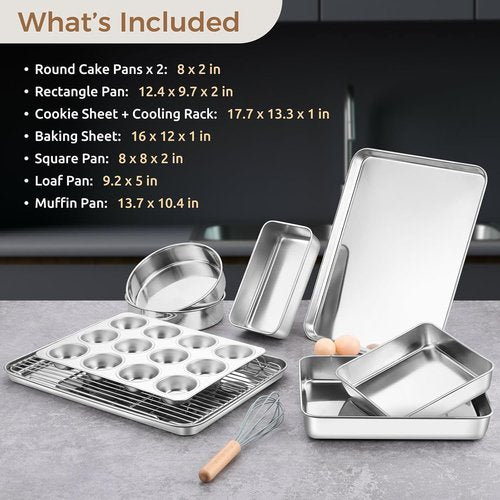 E-far 9-Piece Stainless Steel Baking Pan Set - Versatile Bakeware for Cakes, Cookies & Muffins | Dishwasher Safe