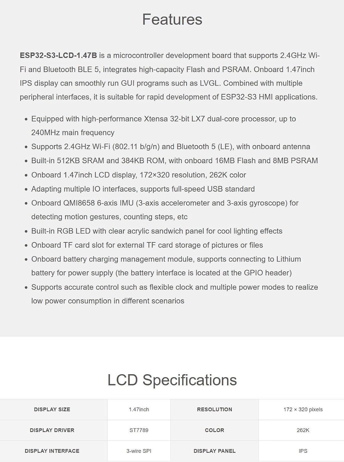XYGStudy ESP32-S3 1.47inch 172320 262K 2.4GHz 5, 240MHz LX7 (ESP32-S3-LCD-1.47B) LCD Display Development Board Type B