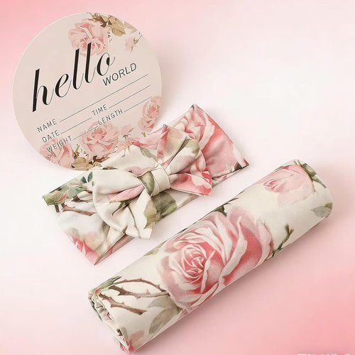 Galabloomer Baby Girl Receiving Blanket Set - Vintage Flower Swaddle & Headband for Newborns