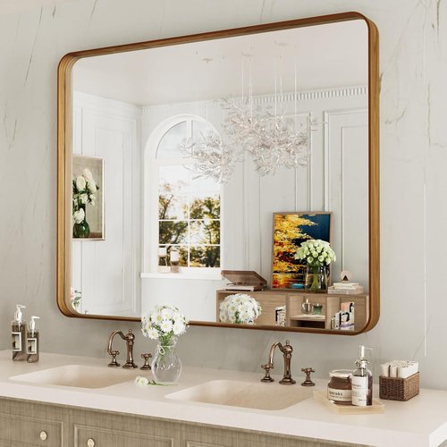 LOAAO Bathroom Mirror - 40x24 Inch Rounded Rectangle with Wood Grain Metal Frame | Anti-Rust, Versatile Hanging Options