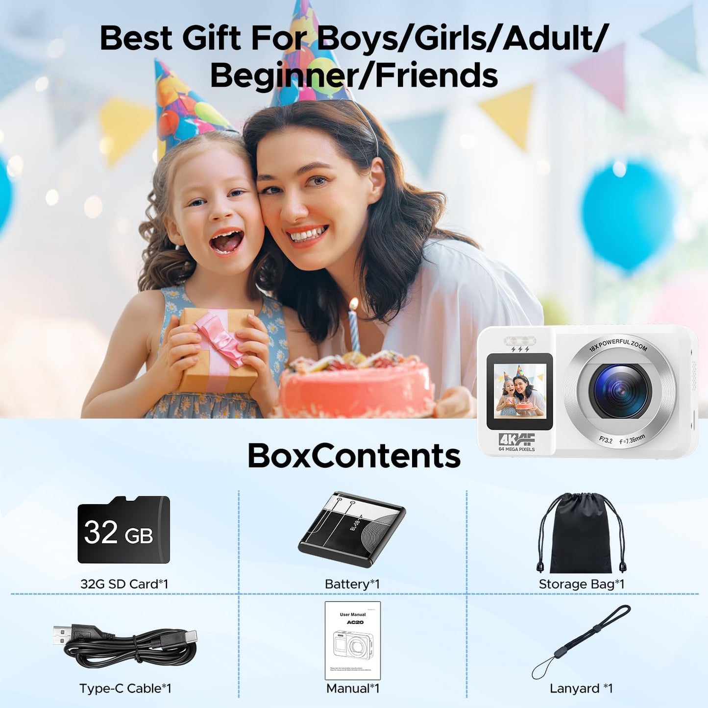 CAMWORLD 4K 64MP 18X 32GB Digital Camera, UHD Dual Screens Camera, Digital Zoom, Portable Point and Shoot Camera