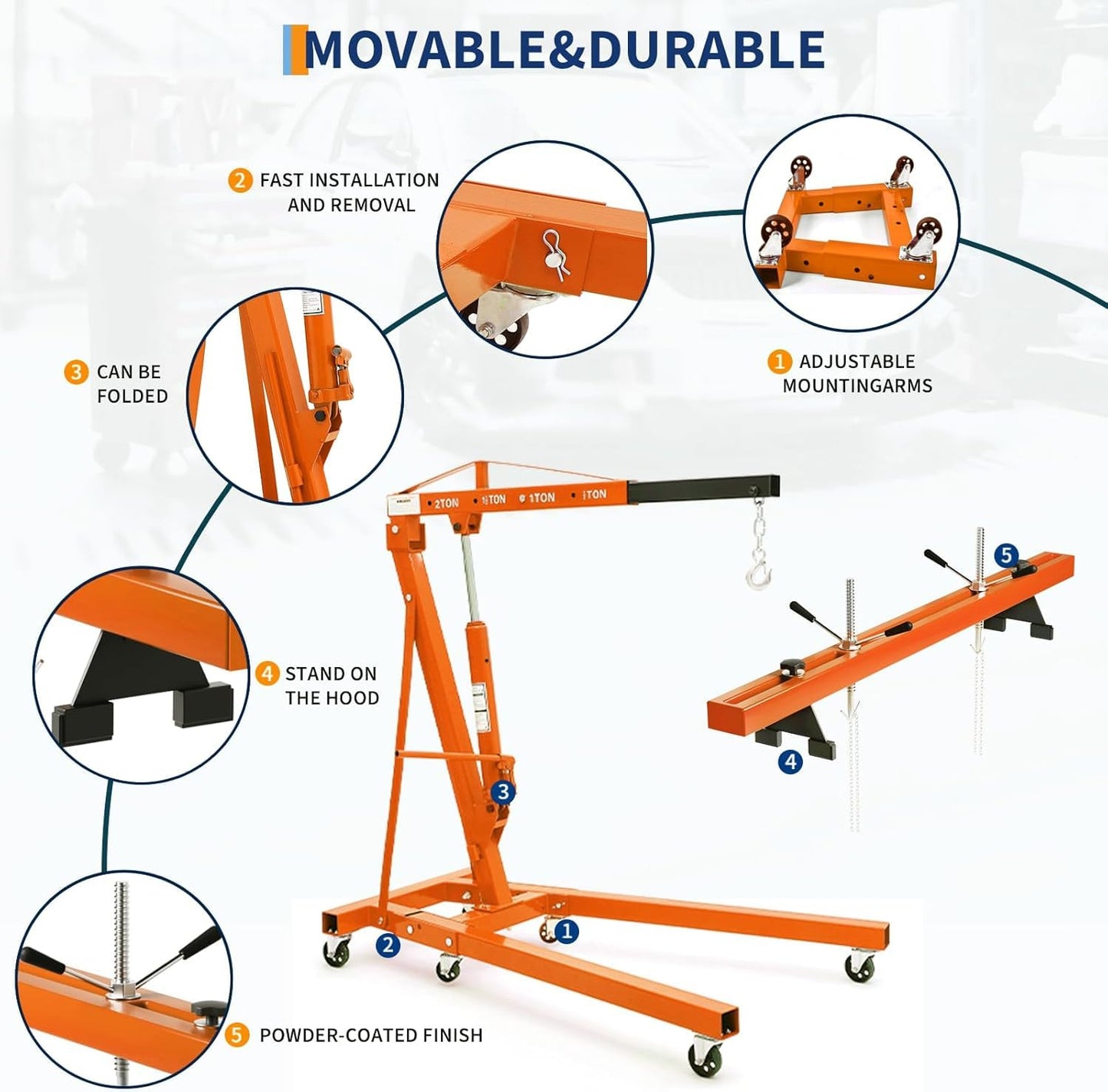 2 Ton Folding Hydraulic Engine Hoist with 59 in Load Leveler 4400 LBS Capacity Heavy Duty Cherry Picker 6 Swivel Wheels,Engine Support Bar 1100 LBS Capacity for Garage Workshop Warehouse Orange