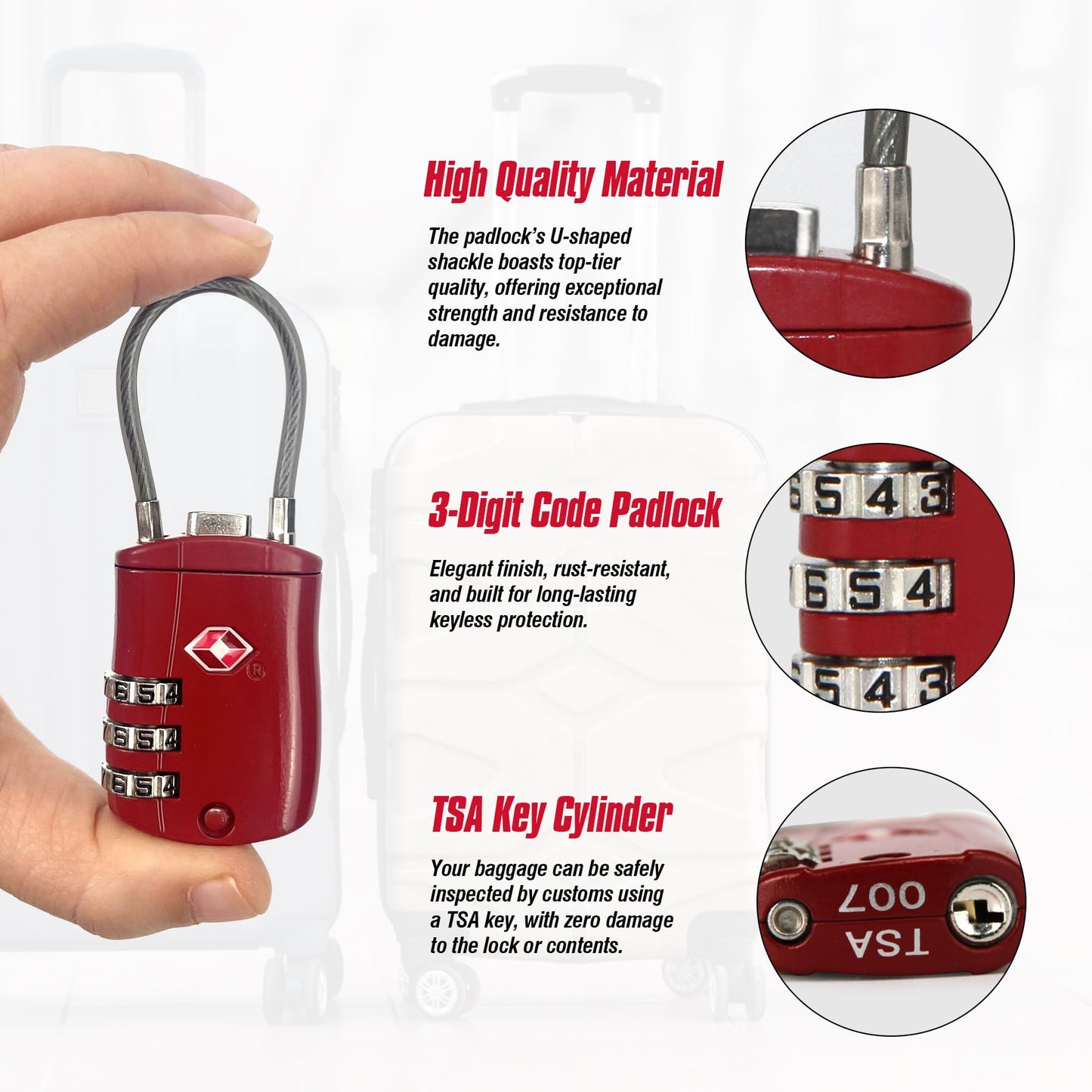 Zoofen 2 Pack Cable Luggage Locks TSA Approved,3-Digit Combination Lock with Alloy Body,TSA Accepted Padlock for Luggage/Suitcase/Backpack/Lockers/Bags/Gym(ZJY-821,Red)