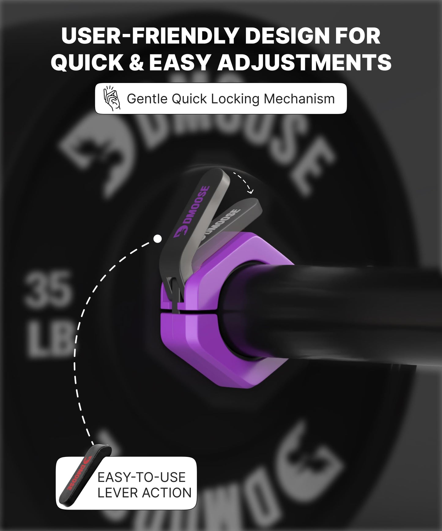 DMoose Barbell Clips (Pair) - Quick Release Olympic Barbell Clamps with Anti Slip TPR Grip, 2" Barbell Collars for Secure Weightlifting & Powerlifting (Purple & Black - Magnetic)