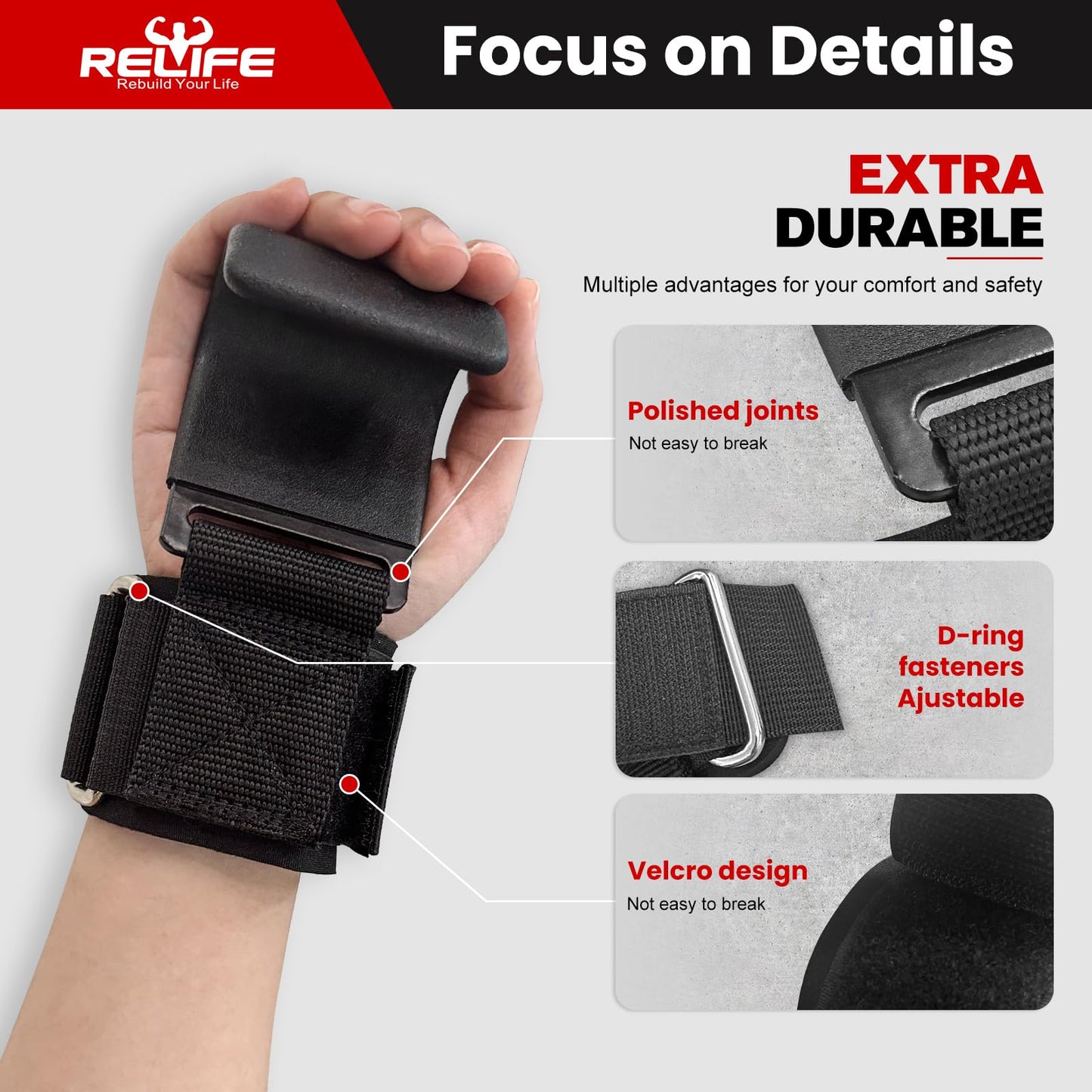 RELIFE REBUILD YOUR LIFE Lifting Hooks for Men and Women(Pair), Pull Up Straps, Gym Reapers Lifting Wrist Grips, Heavy Powerlifting, Lifting Hooks for Weight Lifting Black