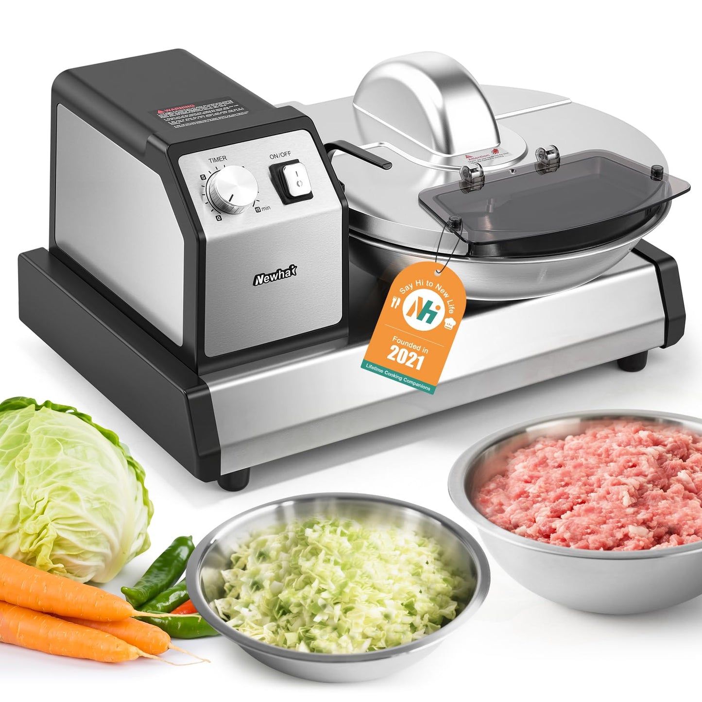 Newhai Commercial Food Processor, 5QT Vegetable Chopper Meat Grinder Mincer, Heavy Duty Electric Veggie Mincer, Stainless Steel Removable Bowl 1-15 Timer 250W 110volt Home&Restaurant