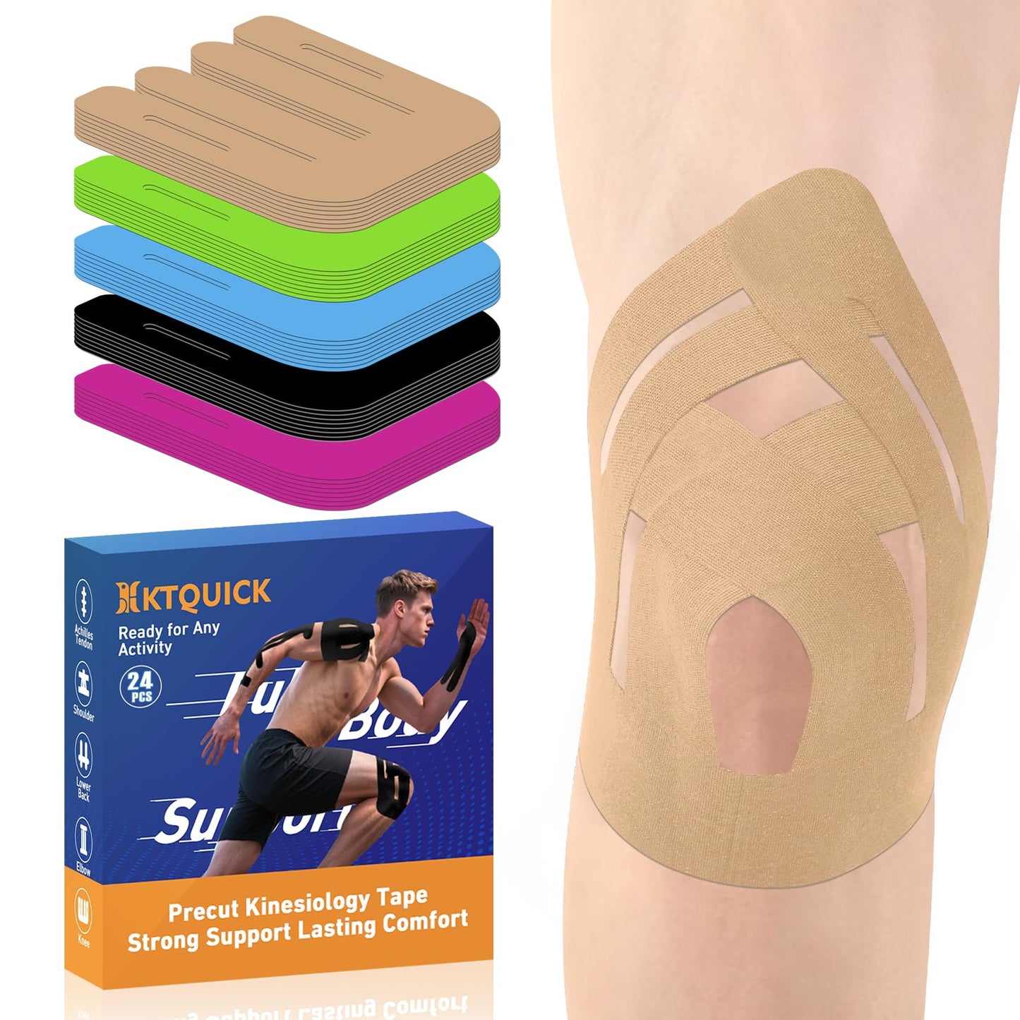 PreCut Kinesiology Tape for Knees, 24PCS Upgraded Waterproof KTQUICK Knee Tape for Knee Pain Relief Pre Cut, Original Cotton Athletic Knee Tape, Waterproof&Hypoallergenic Latex-Free for Sports (Beige)