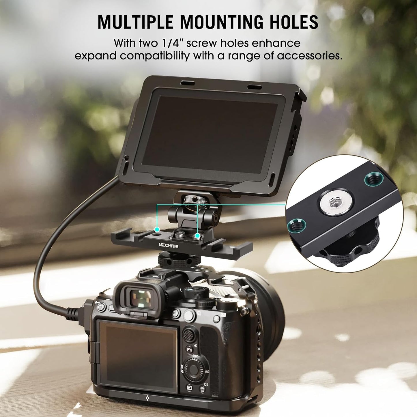 Mechrig 1/4" (62034) Dual Cold Shoe Extension Bar Mount, Aluminum Dual Hot Shoe Mount Bracket with Thread & Cable Slot