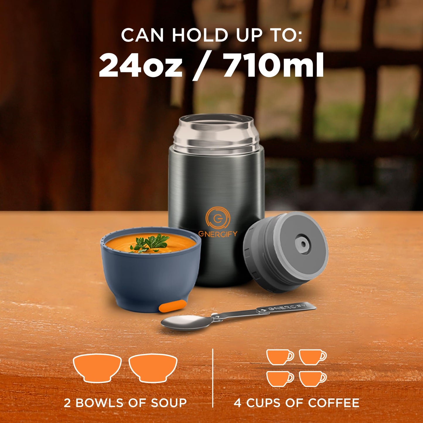 ENERGIFY Vacuum Insulated Food Jar. Large 24oz Bowl incl. Folding Spoon, Cup. Wide Mouth Keep Hot & Cold Drinks Soup Lunch Container for Adults. BPA-Free Stainless Steel, Leak Proof Grey
