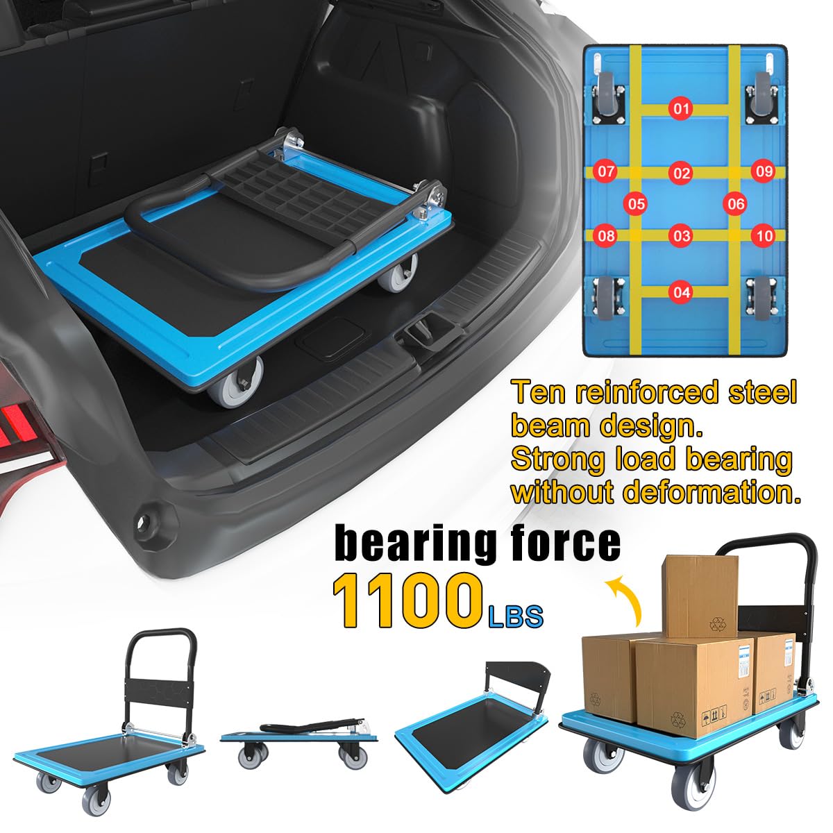 WUD Push Cart, Folding Mobile Platform Trolley,Thickened and Reinforced, 360° Swivel Wheels,36 “L x 24 ”W, 1100 lb. Blue Dolly cart with Wheels
