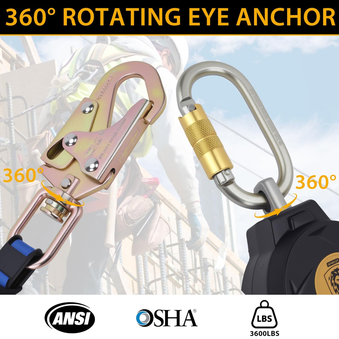 GMSXCC Fall Protection Safety Lanyard - 11FT Self Retracting Fall Arrest Lifeline Roofing Construction Gear OSHA/ANSI Compliant