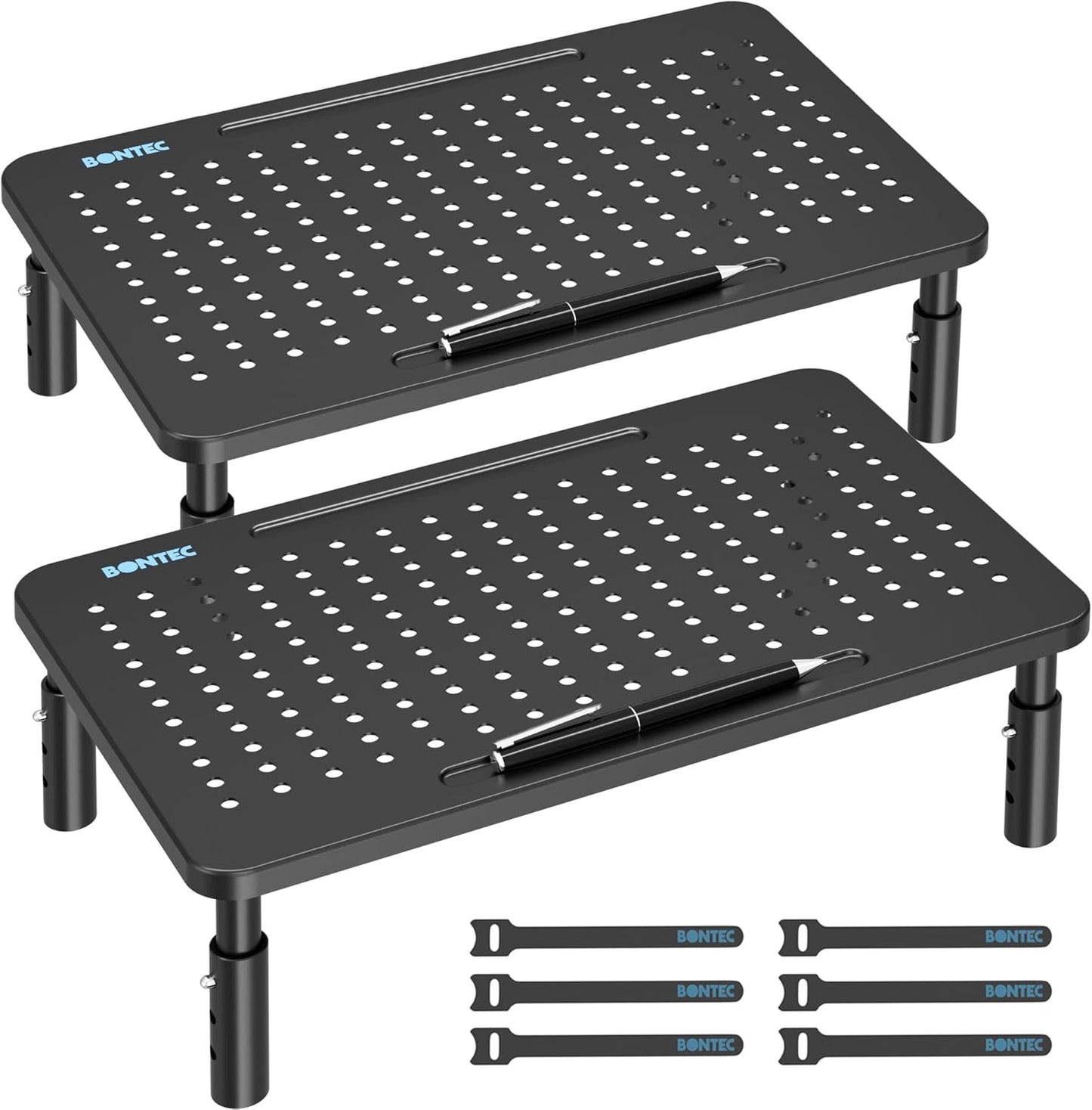2 Pack 14.5 9.1, BONTEC Monitor Stand Height Adjustable Metal Riser with Pen Holder, Black, x Ergonomic Desktop Stand