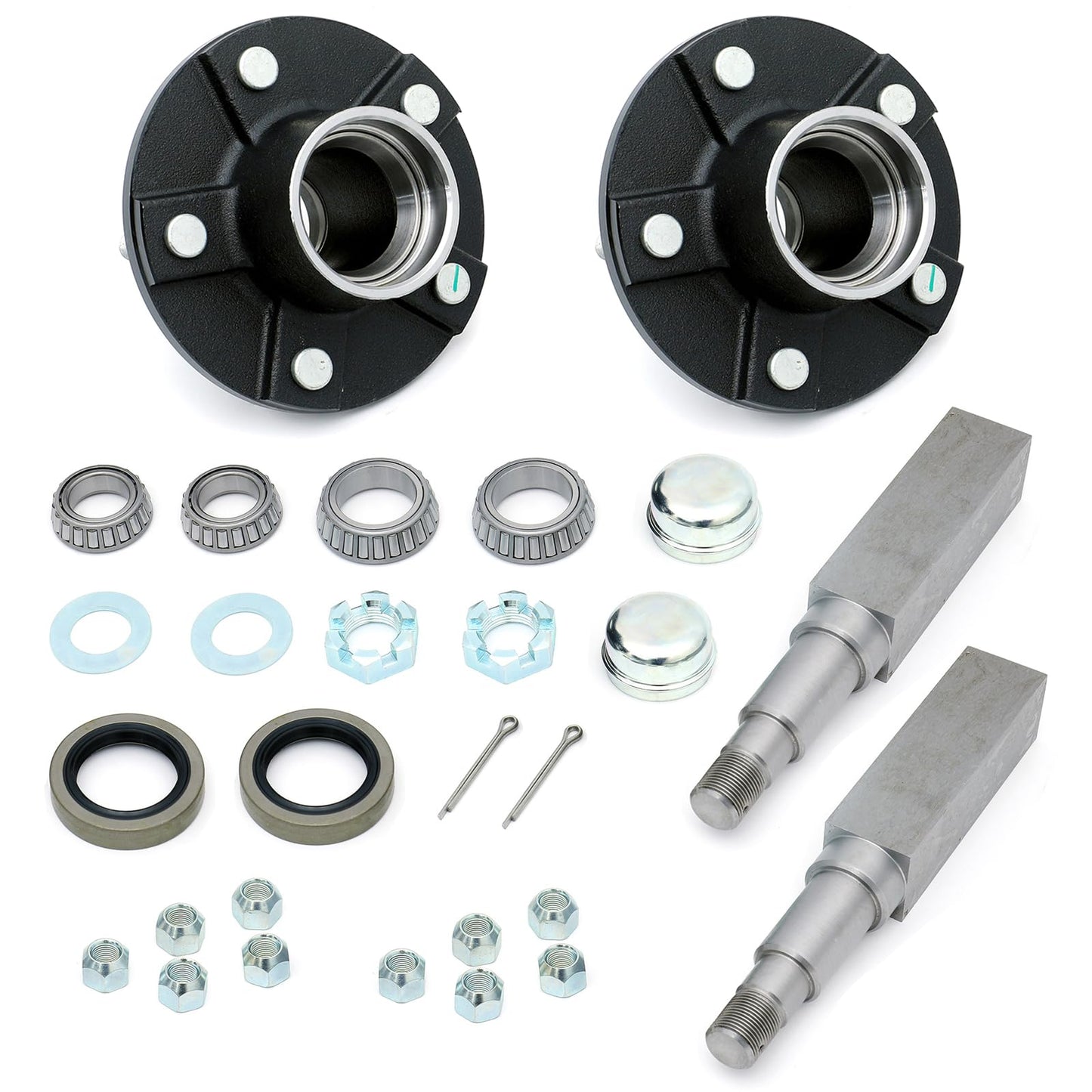 OWLAUTO 5-Bolt 5" Circle Trailer Hub Assembly with 1-3/8" to 1-1/16" Tapered Spindle and Bearings, Set of 2