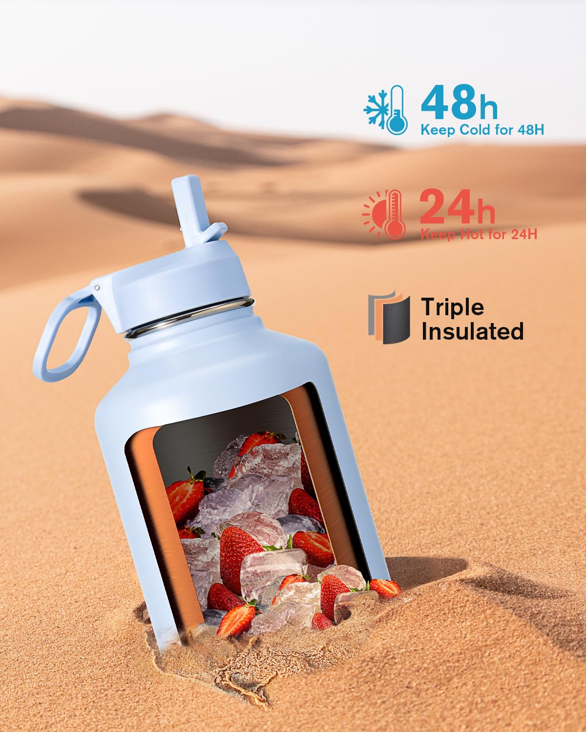 Half Gallon Water Bottle Insulated with Straw & 3 Lids, Coolflask 64 oz Water Jug Large Metal Stainless Steel Wide Mouth for Sports, Gym or Office, Non-BPA Keep Cold 48H Hot 24H, Light Blue