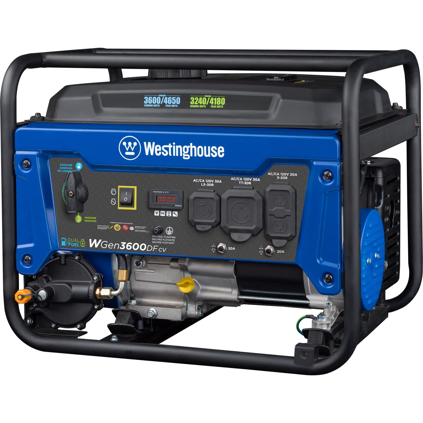 Westinghouse 4650 Peak Watt Dual Fuel Portable Generator, RV Ready 30A Outlet, Gas & Propane Powered, CO Sensor