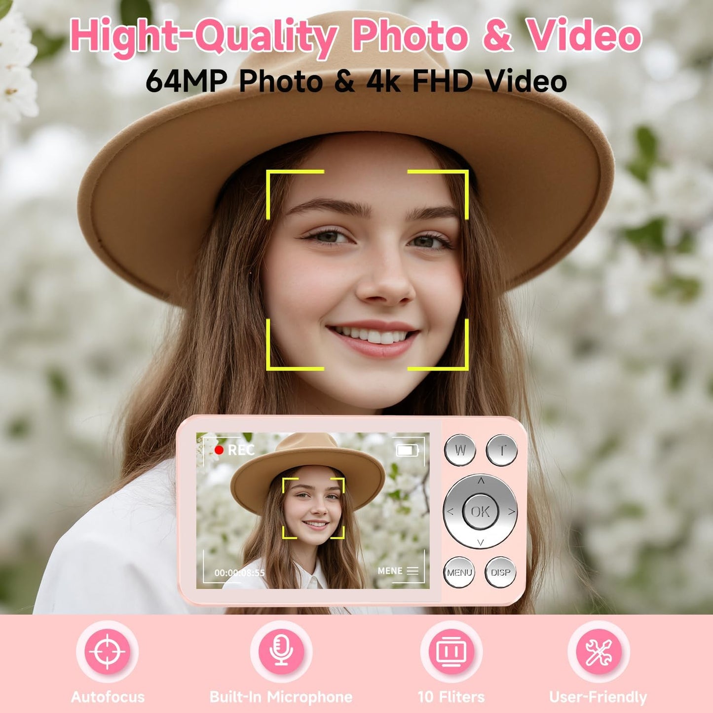 MINIBEAR 4K 64MP 64GB 18X Digital Camera, Autofocus Point and Shoot Digital Cameras for Teens with Card, Zoom