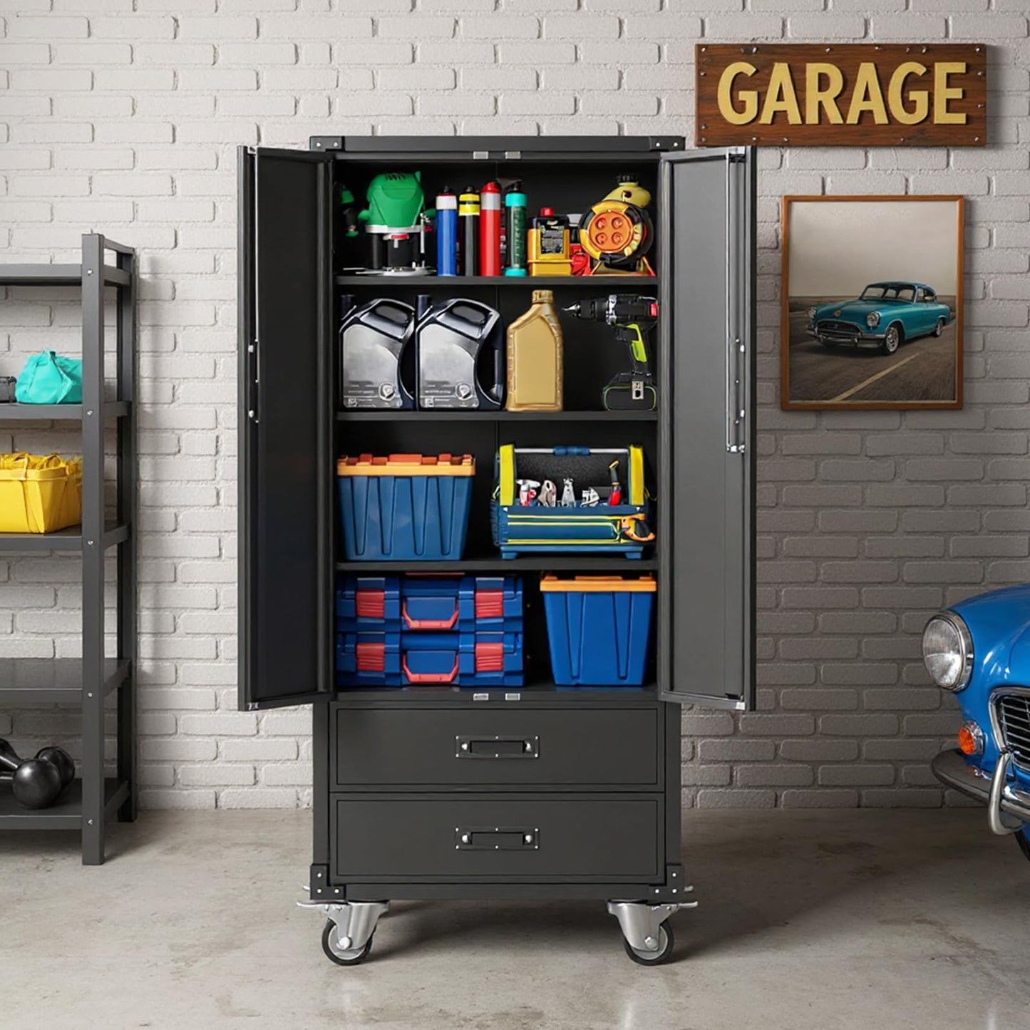 Metal Storage Cabinet with Wheels, 67in Rolling Metal Cabinets with Doors & Adjustable Shelves for Garage Storage, Heavy Duty Black Steel Lockable Cabinet on Wheels for Workshop, Home Office, Black