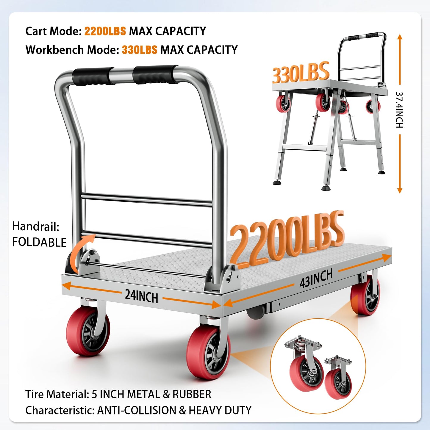Lomive 2IN1 43"×24" Foldable Platform Truck, Portable Ladder Platform, Height Adjustable Work Scaffolding, 2200lbs Capacity Heavy Duty Flatbed Bed Cart w/2 Swivel Casters