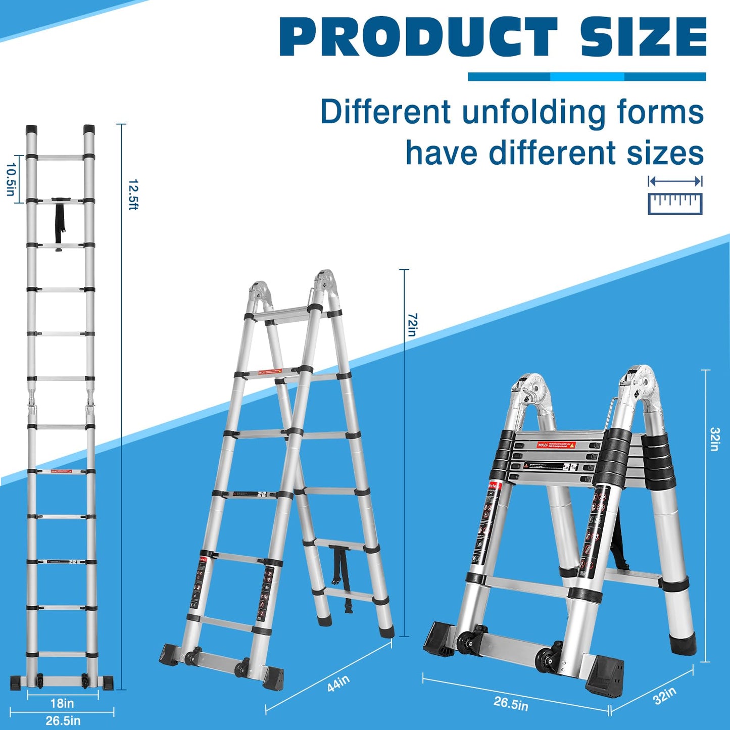 Wolec 12.5 FT A Frame Telescoping Ladder, Extension Multi-Purpose w/Balance Bar & Wheels, Ladder A Frame, Heavy Duty 330 lbs Max Capacity, Ideal for Home and Outdoor Work, Silver