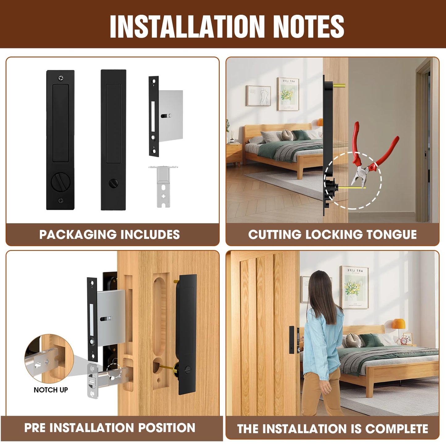 Lipshome Pocket Door Locks, Edge pulls, Hidden Handles, Pocket Door Hardware, Sliding Door Locks, Sliding Door Hardware (Black, 7.8"*1.5"-keyless)