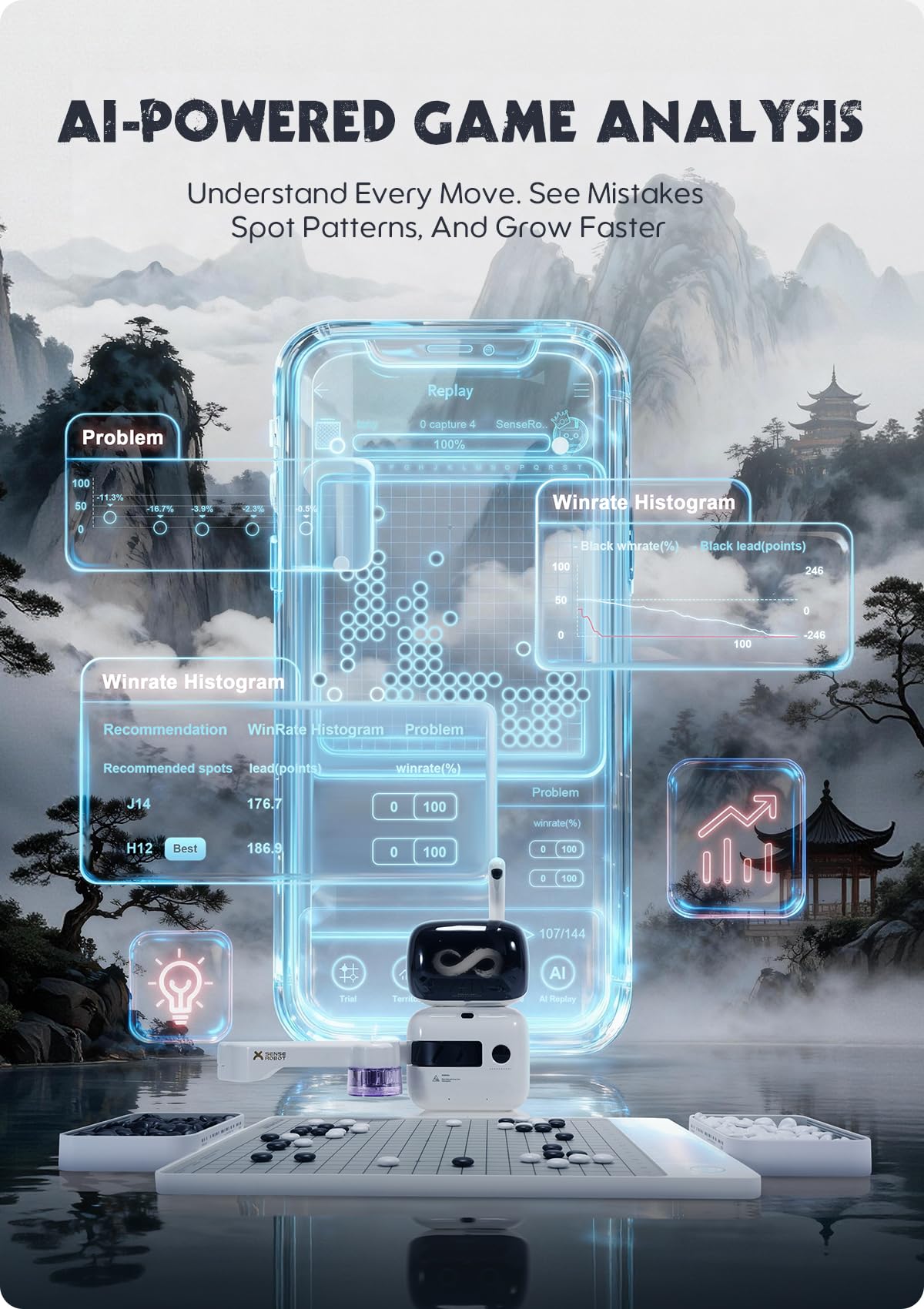 Sense Robot Go Professional – AI Smart Go Board with Robotic Arm, 23-Level AI for All Skill Levels, Apex Duel, Real-Time Game Review, Wi-Fi OTA Updates