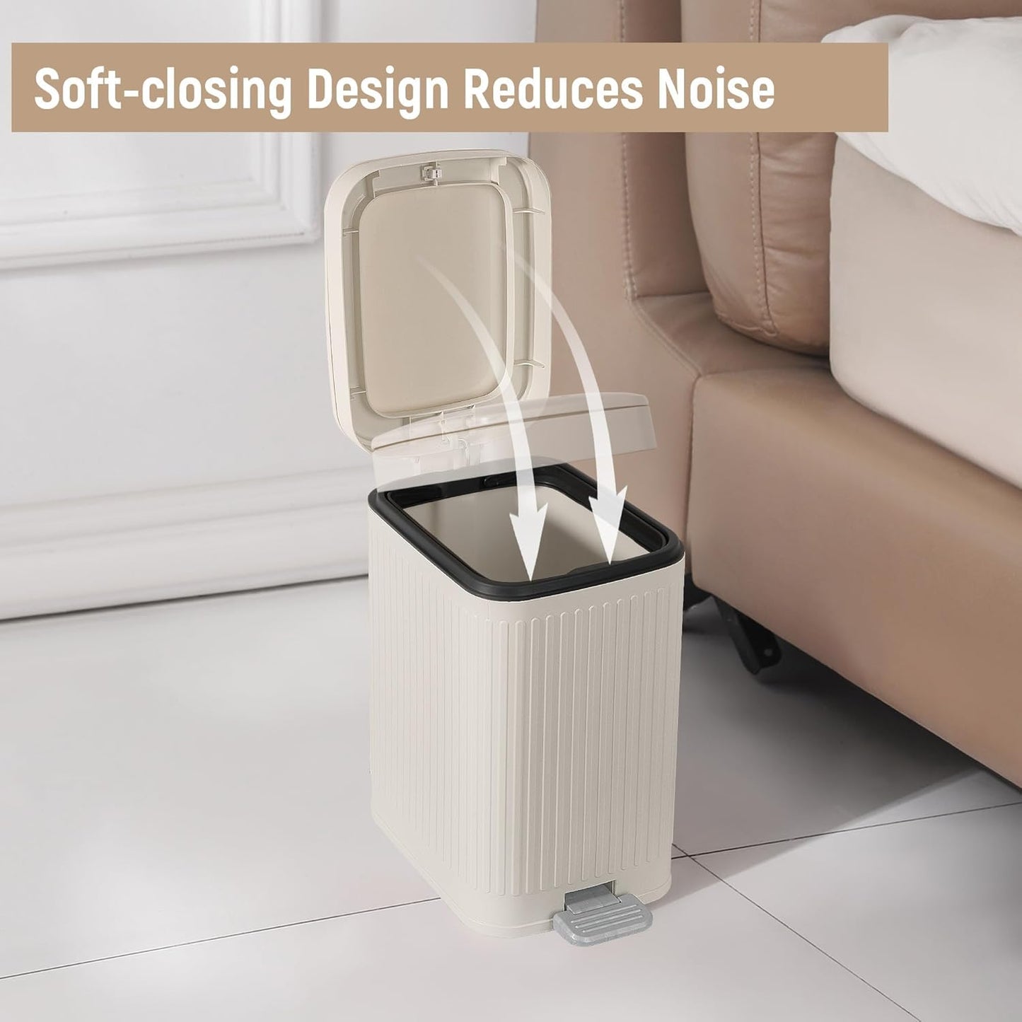 Rejomiik Small Bathroom Trash Can - Slim Soft Close Lid Wastebasket | 1.9 Gallon Cream Color