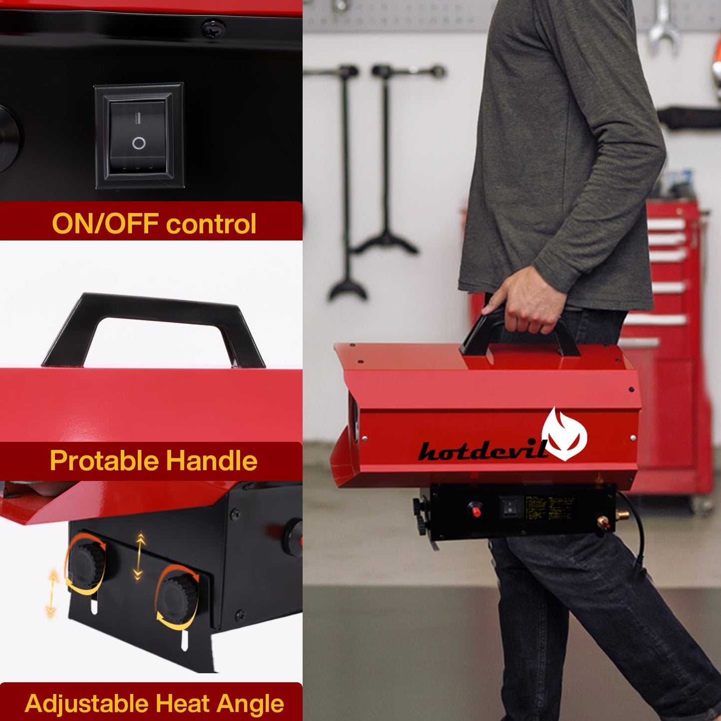 Hotdevil 85,000 BTU Forced Air Propane Heater(Non-adjustable Firepower),Thermally Protected, Heavy-Duty Garage Heater For Warehouses,Barns and Workshops up to 2200 Sq feet（Gas Cylinder not Include）
