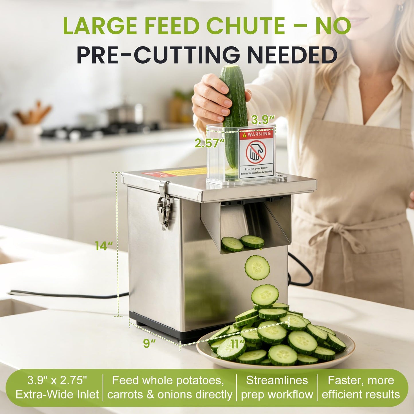 4-In-1 Electric Vegetable Chopper – 330 lbs/hr, 200W Motor, Slice/Dice/Shred/Wavy Cut, Stainless Steel, Large Feed Chute, Safety Shut‑off – for Restaurant & Home Kitchen