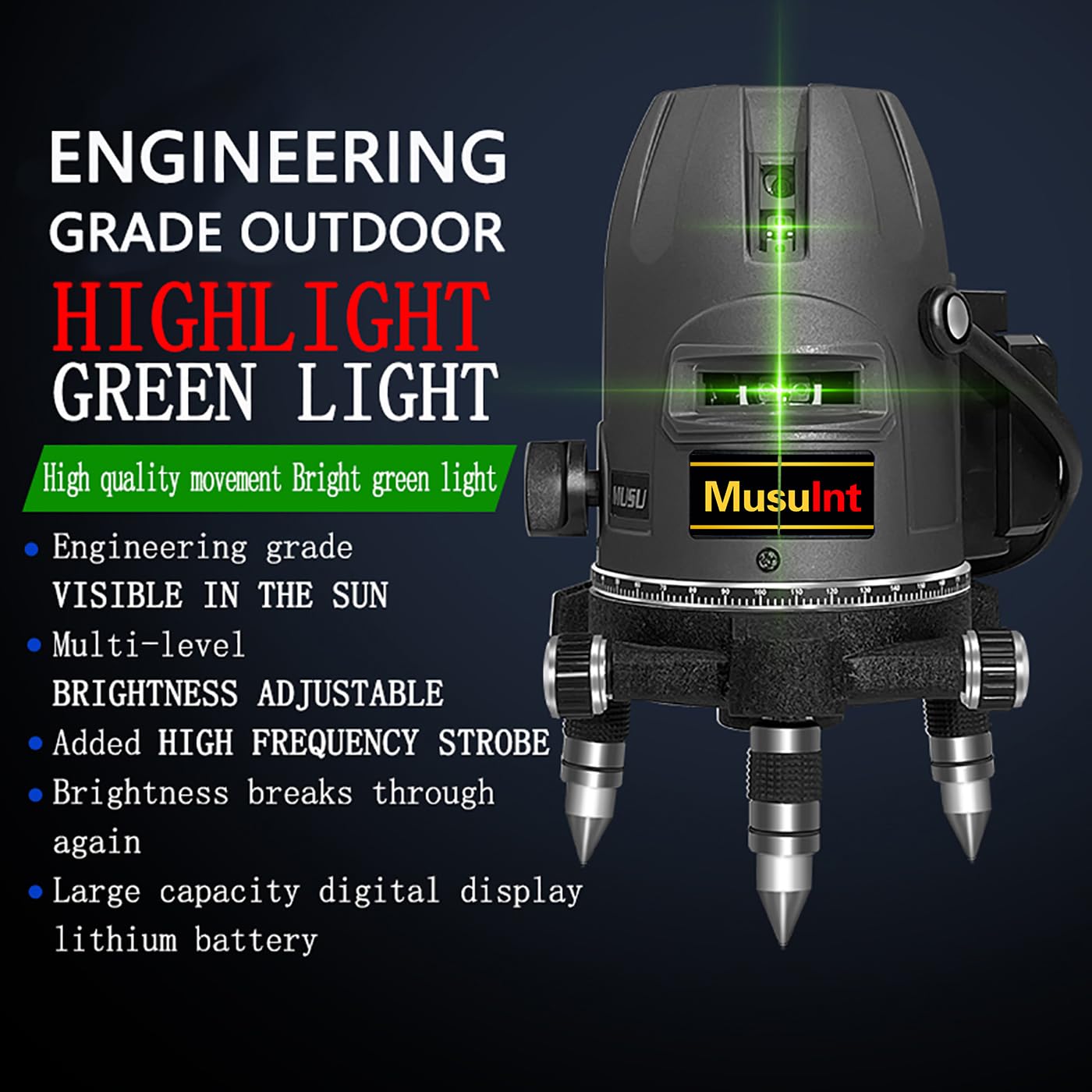 (Outdoor Super Bright) 5 lines laser level 360 self leveling Precision Cross Line level tool Green beam with 360° Rotating base Digital Li-ion Battery 5 Strong light spots 1 Plumb point