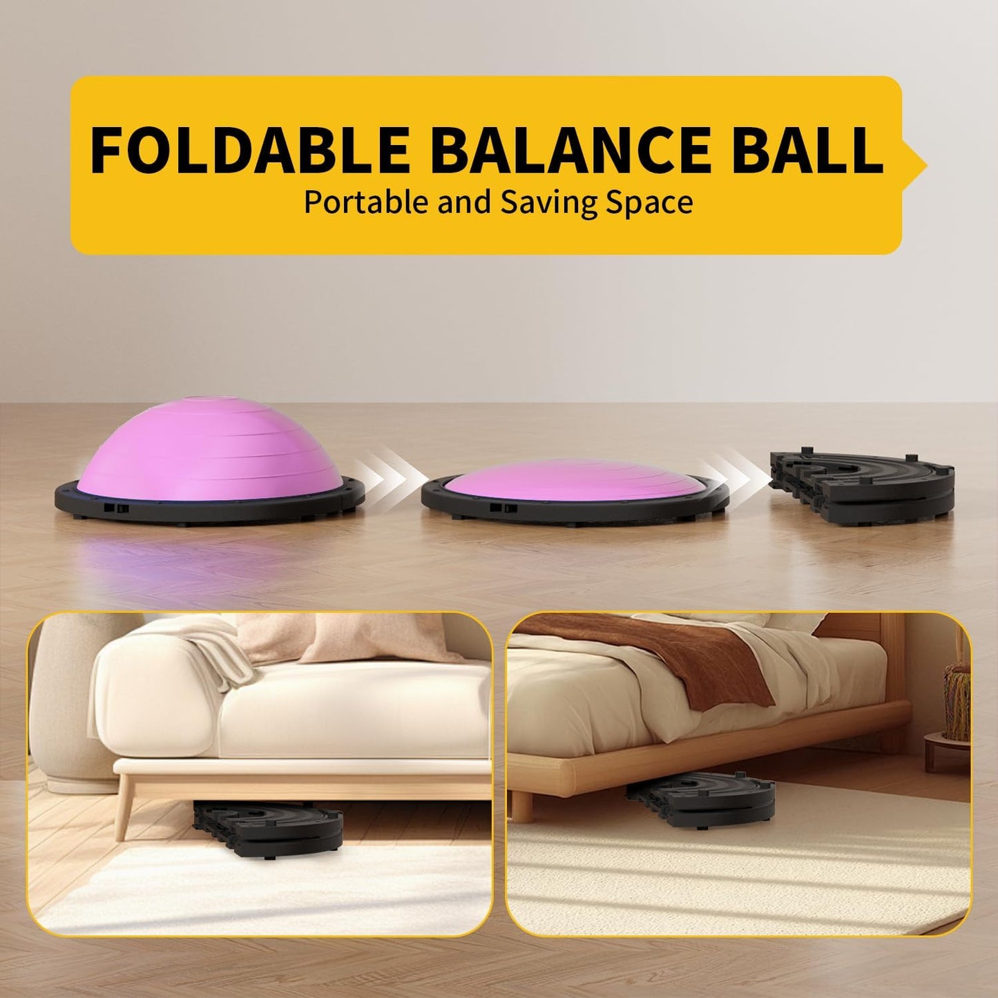 VTORY Foldable Balance Ball, Upgrate Half Ball Balance Trainer for Workout, 1300 lbs Capacity Stability Ball, 23.5 Inch Yoga Half Ball, with Resistant Band & Foot Pump, Full Body Workout, No-Slip Pink
