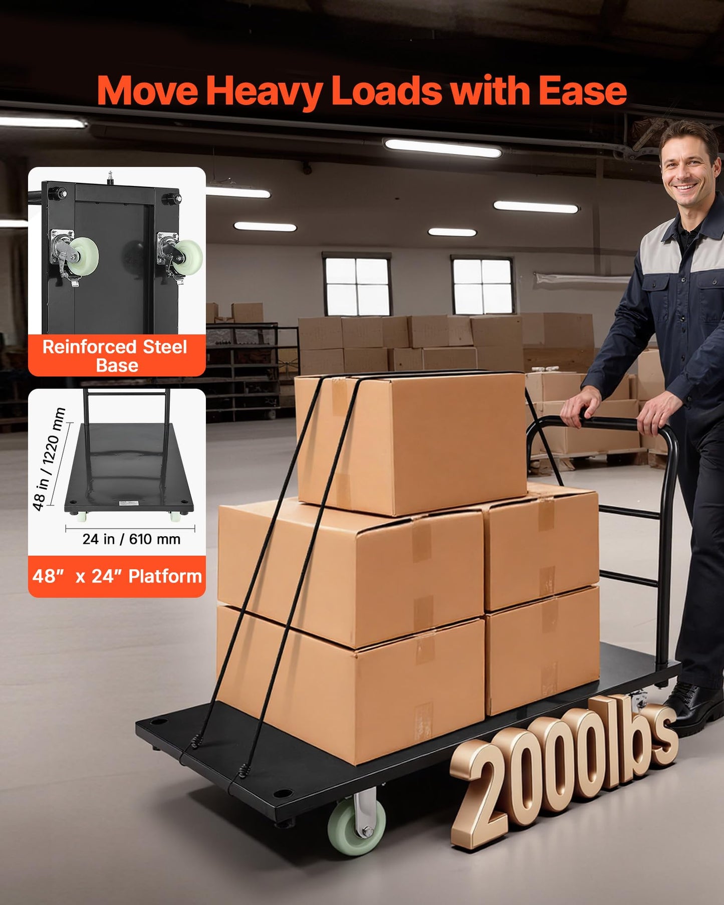 VEVOR Heavy Duty Platform Truck, 2000 LBS Industrial Steel Flatbed Cart with 360° Swivel Wheels, Platform Push Cart Dolly, Easy Storage for Warehouse/Garage/Moving/Garden (48" x 24" x 32")