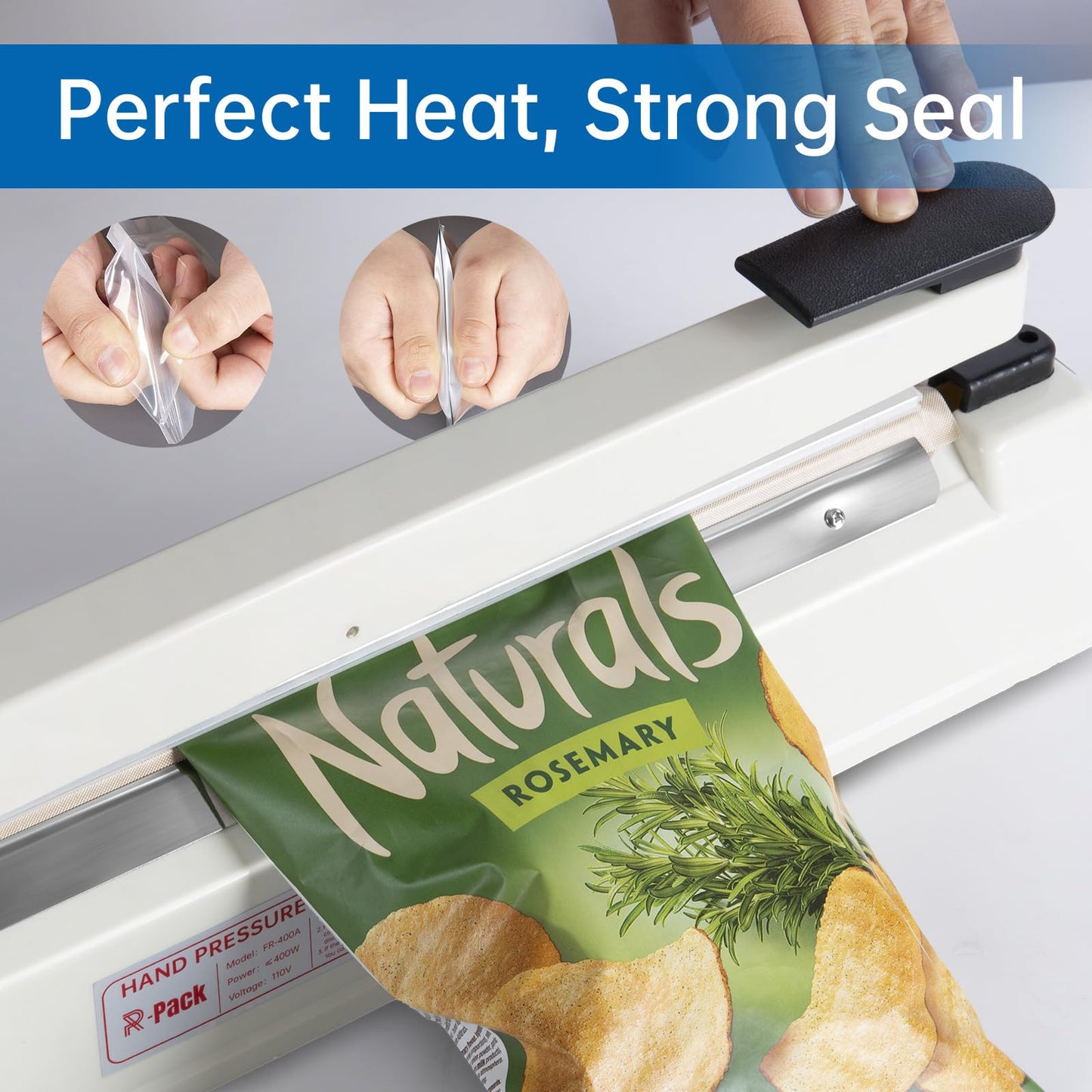 R-PACK Impulse Heat Sealer with Seal bar, Heavy-Duty Bag Sealing & Cutting Machine, 2 Extra Replacements (white, 16inch)