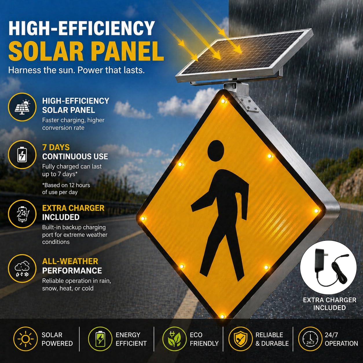 GAJTTR 24" Solar Powered LED Pedestrian Crossing Sign, High Visibility Flashing Crosswalk Sign with 8 Blinking LEDs, Engineer Grade Reflective Film, Heavy Duty Aluminum Metal Frame for Schools, Driveways & Communities (Yellow)