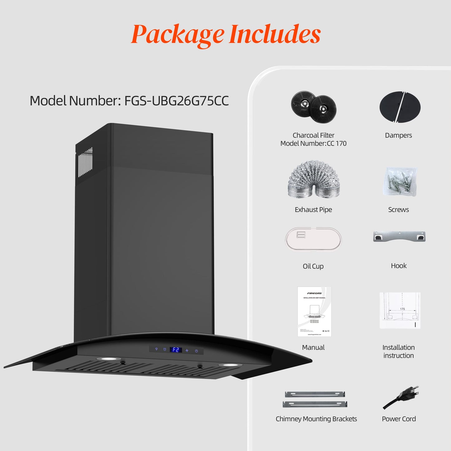 FIREGAS Range Hood 30 inch, 600 CFM Wall Mount Glass Kitchen Hood Ducted/Ductless Convertible with 3-Speed Fan, Screen Control, Time Setting, LED Lights, Black Painted Stainless Steel Vent Hood