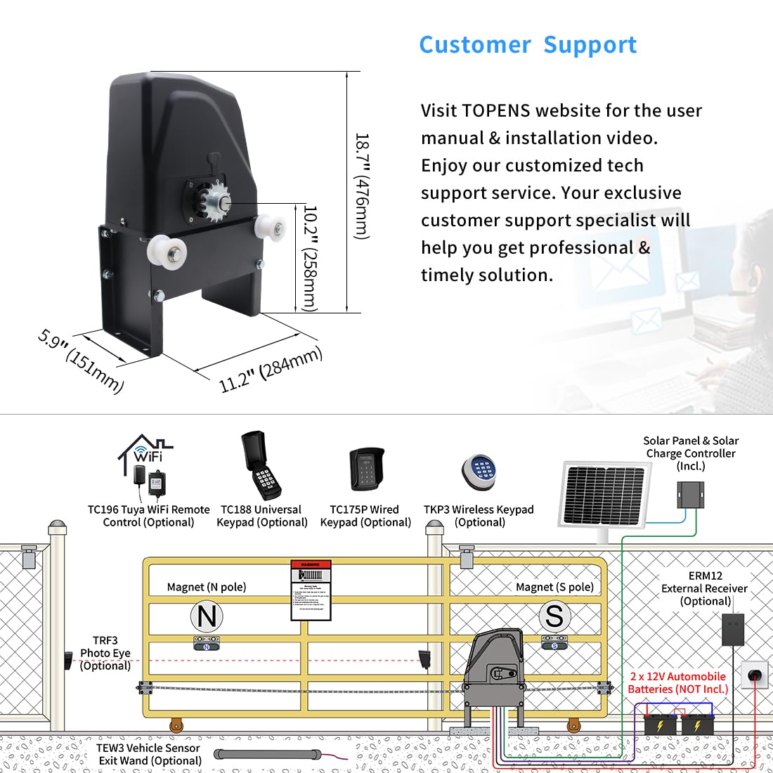 TOPENS DKC1100S Solar Sliding Gate Opener Chain Drive Automatic Gate Motor for Heavy Driveway Slide Gates Up to 2600 Pounds, Electric Gate Operator Battery Powered with Solar Panel Remote Control Kit