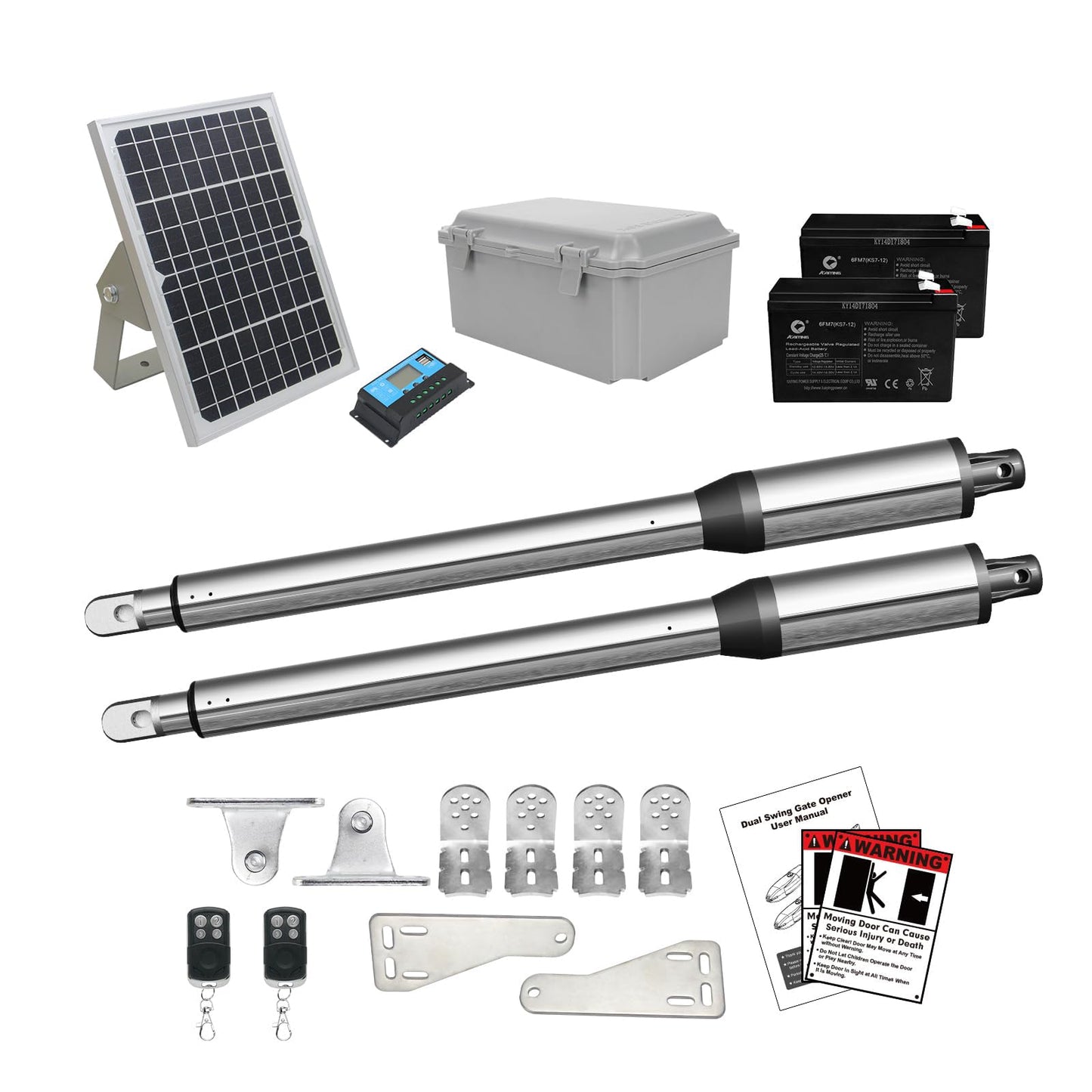 JUJIANG C01 Solar Gate Opener with Batteries & Solar Panel for Dual Swing Gates Up to 440lb 12FT per Arm Automatic Gate Opener with Remote Complete Kit Light Duty Automatic Gate Openers Solar Powered