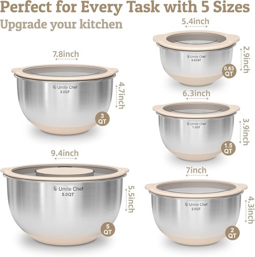 Mixing Bowls Set by [Brand Name] - Airtight Stainless Steel Bowls with Lids & Graters | Non-Slip, Khaki 5/3/2/1.5/0.63QT